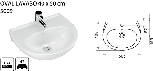 TURAVİT OVAL LAVABO BEYAZ 40 X 50 CM. KOD : 5009